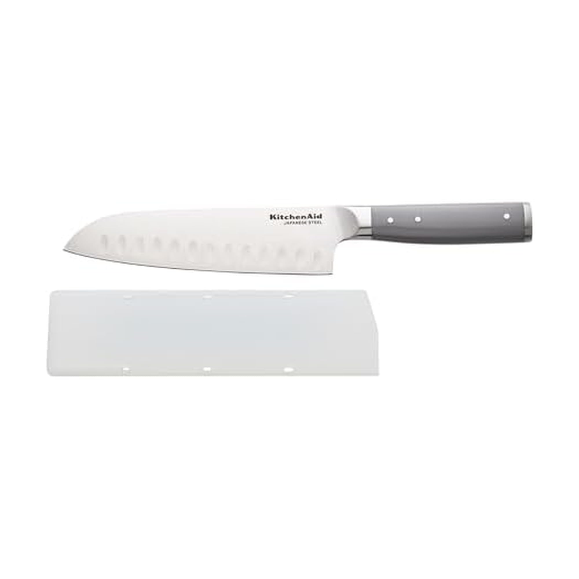 KitchenAid Gourmet Forged Santoku Knife with Custom-Fit Blade Cover, Sharp Kitchen Knife, High-Carbon Japanese Stainless Steel Blade, 7 Inch, Gray