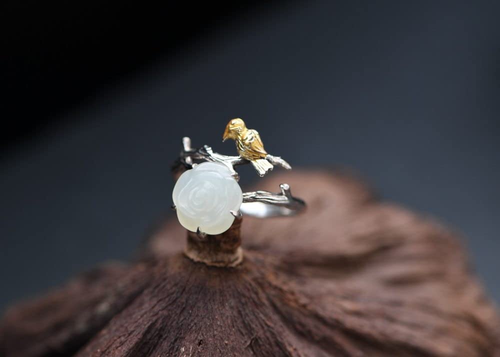 Anello in Argento 925 da Donna,Anelli Regolabili Placcato Oro Uccello Hetian Giada Rosa Fiore S925 Ramoscelli in Argento Sterling Anello Dito Indice di Fascino Gioielli Regali per Uomini Ragazze sig