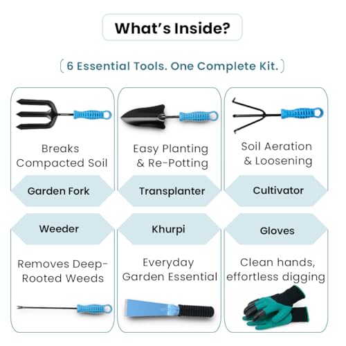 Image of IFFCO Urban Gardens 6-Piece Gardening Tool Kit | Gloves with Claws, Khurpi, Transplanter, Weeder, Cultivator & Garden Fork | Complete Set for Home & Terrace Garden