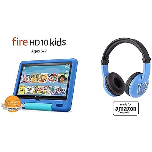 Fire HD 10 Kids Tablet, 10" HD Display (32 GB, Sky Blue) + Blue PlayTime Bluetooth Headset