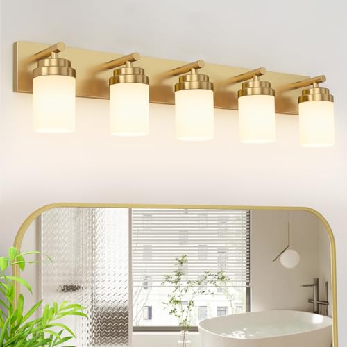Image of IZORRO Bathroom Vanity Light Fixture, 5-Light 36 Inch Gold Bathroom Light Fixtures Over Mirror, with White Glass Shade, Modern Farmhouse Vanity Lights, Rustic Restroom Lighting Fixtures