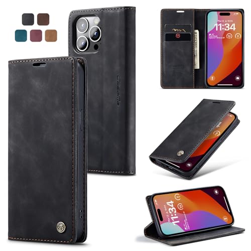 owlhold Handyhülle für iPhone 15 Pro Hülle Premium Lederhülle Weiches Vintage-Nubukleder Faltbare Ständer Klapphülle Kartenfach Standfunktion stoßfest Schutzhülle für iPhone 15 Pro -Schwarz