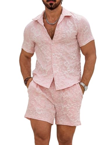 Image of ZAFUL Men's 2 Pieces Sets Outfits Summer Beach Set Short Sleeve Button Down Zip Up Shirt And Short Sets