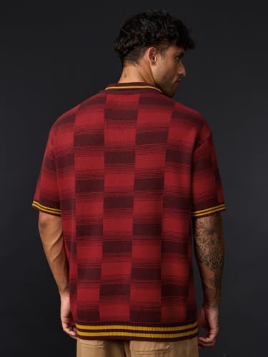 Image of The Souled Store Harry Potter: Gryffindor Quidditch Men and Boys Short Sleeve Spread Collar Red and Maroon Jacquard Knit Acrylic Oversized Drop Shoulder Lightweight Polos