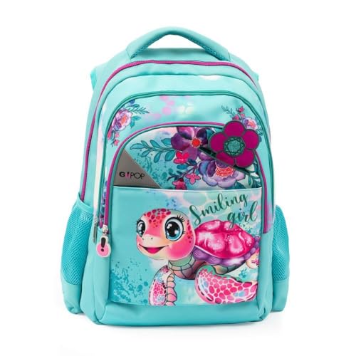 Go Pop - Zaino Modello Turtle Bloom, 3 Scomparti,Tasche Interne E Laterali Porta Borraccia, Schienale E Spallacci Imbottiti, Con Fascia Personalizzata E Pop Up, Lt 24, Dim 32x44x19,Scuola Elementare