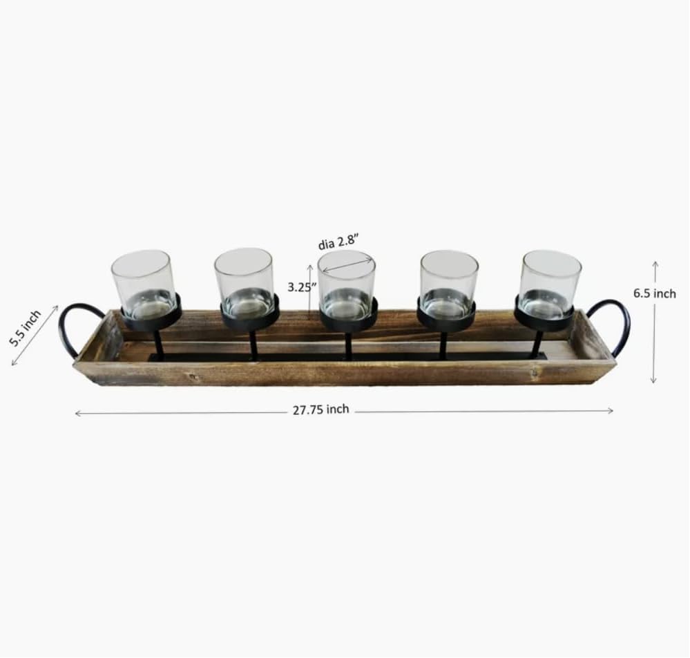 Rustic Wood Tray Candelabra Centerpiece, 5 Glass Cups