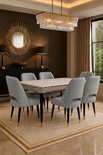 Image of WOODEN SPACE 6-Seater Wooden Dining Table Set | Nano Composite Marble Top | Solid Wood Base | Modern Dining Room Furniture with 6 Chairs (Light Grey Vintage)