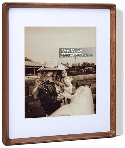 Image of 16x20 Picture Frame with Mat for 11x14, USA-Sourced Natural Walnut Wood Handcrafted Rounded Corner with Plexiglass, Vertical or Horizontal Display Photo Gallery Poster Wall Mounting Frame