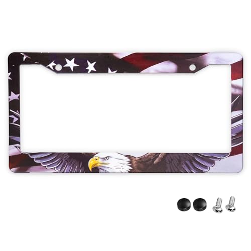 Image of StandardAutoPart American Flag License Plate Frames - Plastic USA Flag Car Tag Holder with Screws Caps and Patriotic Decals - Universal Fit (American Flag Eagle - 1 Pack)
