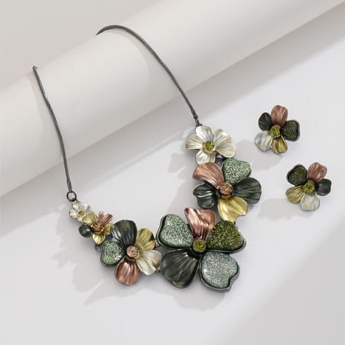 Chunky Statement Jewelry Set Vintage Retro Leaf Flower Floral Geometric Bohemian Boho Bib Necklace Earring Set Fashion Costume Jewelry for Women Girls Wedding Party Prom Unique Gift3