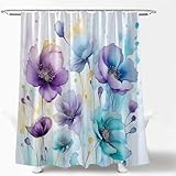 WZFashion Watercolor Floral Shower Curtain Purple Teal Colorful Flower Leaves Modern Modern Abstract Vibrant Wildflower Plant Minimalist Fabric Bathroom Curtain Set with Hook