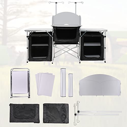 Seeutek Camping Kitchen Table Aluminum Portable Outdoor Cooking Table Foldable Camp Table With Windscreen, Hooks, Lantren Hanger And 3 Storage Organizer Multifunctional For Bbq, Party And Picnic #TOP7