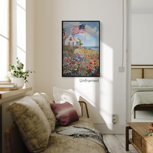 Image of American Flag Canvas Wall Art, 4th of July Patriotic Poster Print, USA Flag and Coastal Wildflower Field Landscape Picture, Farmhouse Independence Day Wall Decor for Bedroom 8x12in Unframed