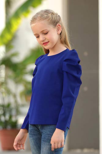 Image of GORLYA Girl's Puff Sleeve Casual Solid T-Shirt Pullover Keyhole Back Blouse Tops for 4-14T Kids
