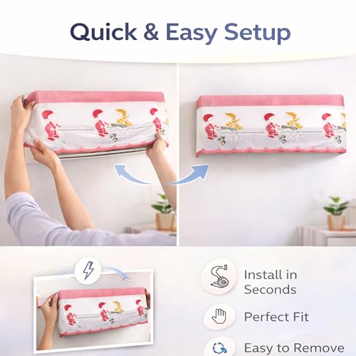 Image of Cotton Net Split AC Cover Indoor Unit for 1.5 Ton Capacity AC, Premium Work Indoor AC Dust Protection Cover Designer Summer Ac Cover for 1.5 Ton Ac (38 X 15.35 X 7.8 inch, Pink Kids)