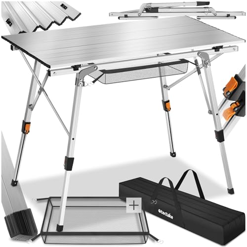 tectake® Table Pliante de Pique-Nique et Camping en Aluminium - Réglable en Hauteur pour Balcon et Brocante - avec Sac de Transport et Filet de Rangement