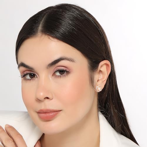 Image of Nilu's Collection Rose Gold Plated Triangular Design Pearl Stud Earrings With American Diamond for Women And Girls | Gift For Her | Anti- Allergy |Anti-Tarnish | Office Wear