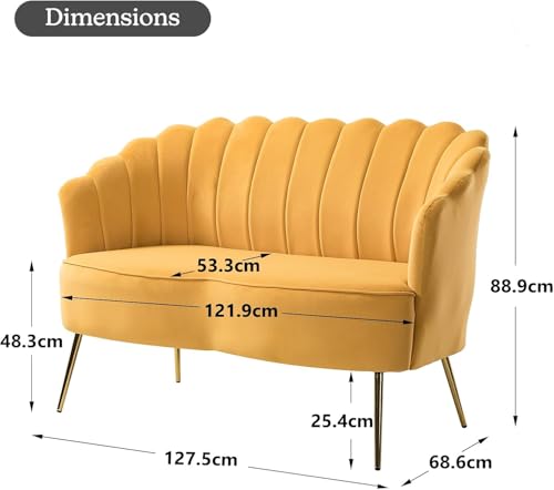 Image of Velvet 2 Seater Sofa Upholstered Loveseat Couch with Metal Legs Arm Backrest for Living Room Bedroom (Yellow)