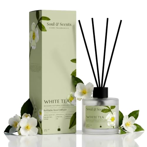 Image of Soul & Scents 50ml White Tea Reed Diffuser Set | Refreshing Aroma of White Florals & Sea Breeze | Get 5 Rattan Reed Sticks | Smoke Less Room Freshener for Home, Bedroom, Living Room & Office
