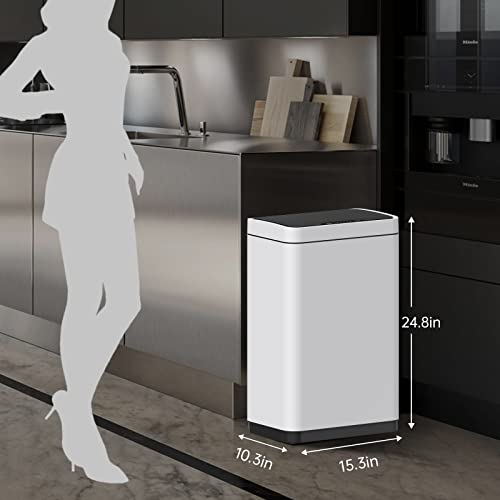 Image of Mbillion 15 Gallon Touchless Motion Sensor Trash Can | Rectangular whtie smart garbage can with lid, automatic touchless design for kitchen, bedroom, home & office use