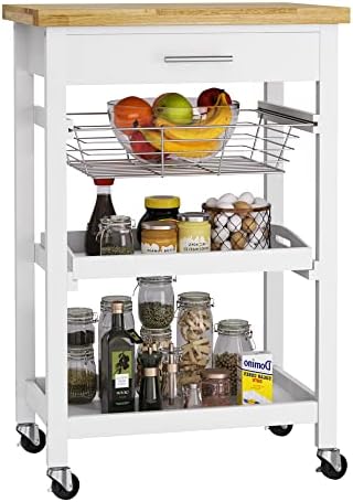 FOREHILL Kitchen Trolley with Worktop and Storage Rolling Utility Cart Kitchen Island on Wheels with Drawer, Mesh Basket, Tray 58x40x88.5cm