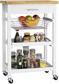 FOREHILL Kitchen Trolley with Worktop and Storage Rolling Utility Cart Kitchen Island on Wheels with Drawer, Mesh Basket, Tray 58x40x88.5cm