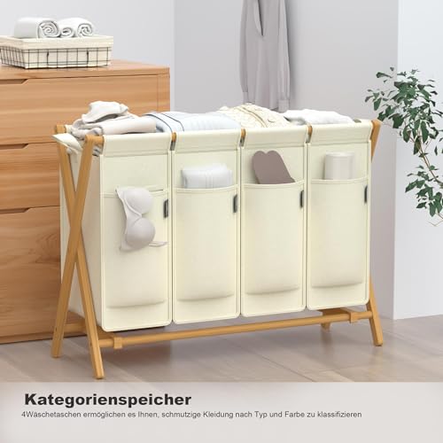 AdelDream Cesto para la colada 4 compartimentos 200L bambú para la ropa sucia madera con tapa estantes de bambú en forma de X 200L color beige - imagen 5