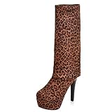 Bviennic Femmes A Enfiler Mode Cuissarde Aiguille Leopard Boots Nightclub Hommes Talons Hauts Robe Stylish Stretch Fête Boots Marrón Taille 48 EU 50Cn