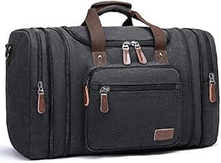 Canvas Duffle Bags, Fresion New Two Side Pockets for Extensions for Unisex Weekend Daypack Large Holdall Travel Bag with 60L (Black-Large)