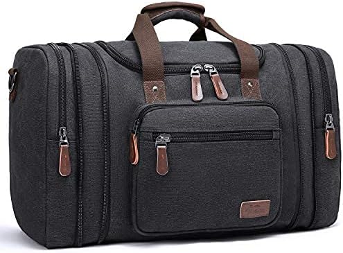 Canvas Duffle Bags, Fresion New Two Side Pockets for Extensions for Unisex Weekend Daypack Large Holdall Travel Bag with 60L (Black-Large)