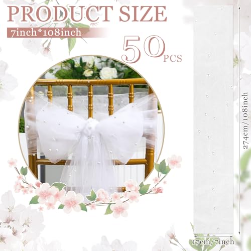image for VitalCozy 50 Pcs White Pearls Chair Sashes Fabric Romantic Pearl Chair