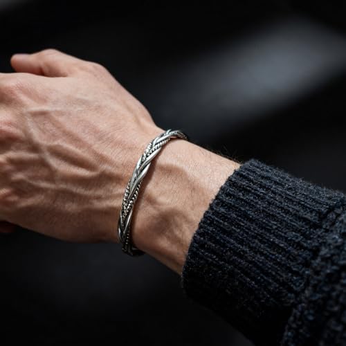 RIOSO 4Pcs Men's Cuff Bracelets Cuff Bracelet Leaves Pattern Twisted Open Cuff Bracelet - Image 3