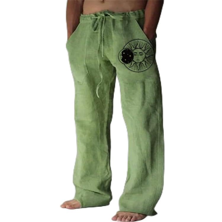 Men's Cotton Linen Pants Printed Loose Fit Drawstring Waist Patch Pocket Casual Trousers Comfortable Daily Wear