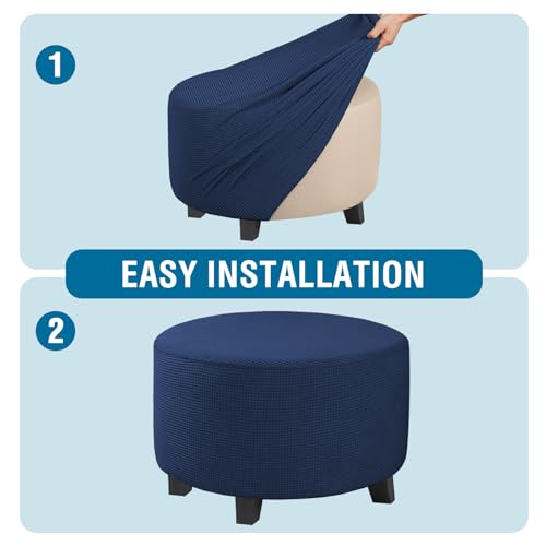 Image of H.VERSAILTEX Ottoman Cover Stretch Ottoman Slipcover Round Ottoman Storage Cover Folding Stool Covers Furniture Protector Cover for Footrest Ottoman Fit Dia 30 inch - 41 inch, Navy