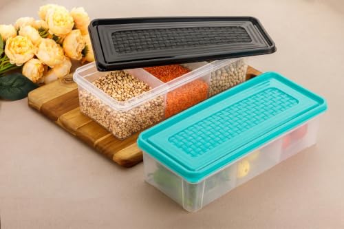 Image of MAGIC SPOON Multipurpose 3 Section Storage Container | Spice Box, Pickle Jar, Fridge Organizer, Dry Fruit, Vegetable & Kitchen Storage Container- Combo Pack (2000ml X 2) (AQUA-BLACK)