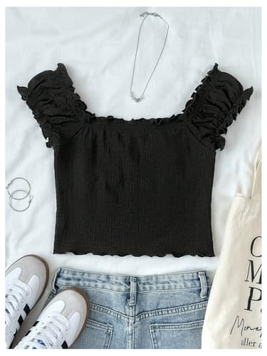 SweatyRocks Girl's Off The Shoulder Tops Ruched Cap Sleeve Textured Summer T Shirt4