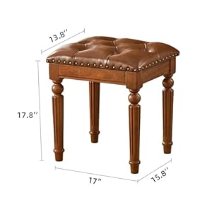 Vanity bench stool with leather cushion vanity chair with solid wood carving legs for bedroom makeup room living room easy assembly brown  urban country home decor