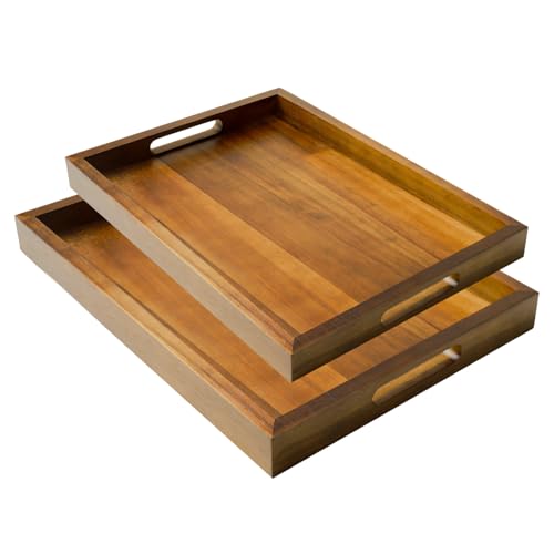 2 Sizes Acacia Wood Serving Tray with Handles, 17x13 &