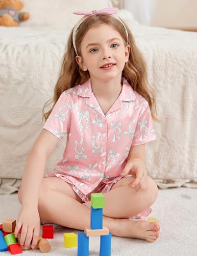 Image of Arshiner Girls Pajamas Silk Satin Pajama Set Button Pjs Ruffle Sleepwear | 2 Piece Nightwear, Silky Soft Lounge for Little & Big Kids, Ideal for Sleeping and Sleepover Party
