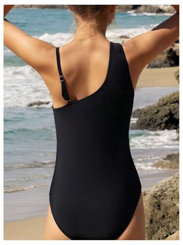 OYOANGLE Girl's Ring Linked One Piece Swimsuits Asymmetrical Neck Mesh Patchwork Bathing Suits2