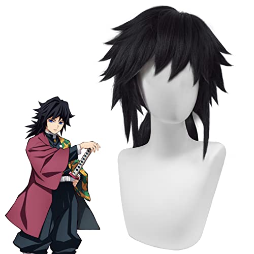 GARELF Tomioka Giyuu Wig for 'Demon Slayer', Anime wig, Halloween Wig Character Wig, Black Cosplay Wigs with Pigtails