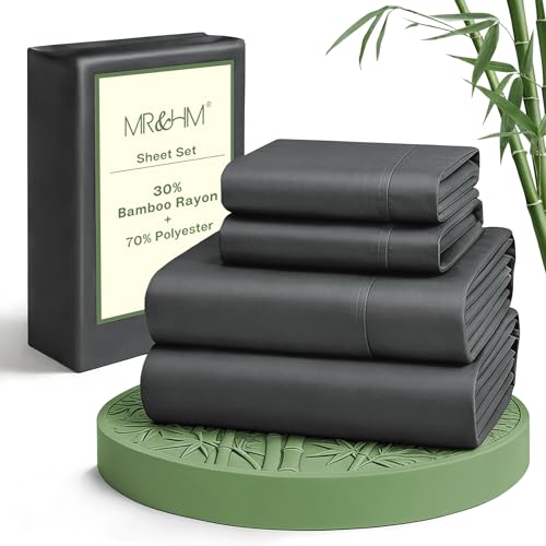 MR&HM Full Size Sheets 4 Pieces, Rayon Derived from Bamboo Blend, Dark Grey