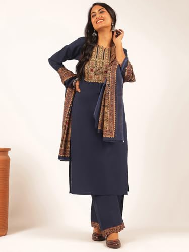 Image of Vbuyz Women Ajrakh With Yoke design Cotton Straight Kurta Set With Dupatta