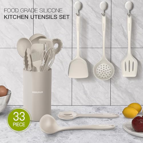Kitchen Utensils Set - 446°F Heat Resistant Silicone Cooking Utensils Set-Kitchen Tools and Gadgets for Cooking Nonstick Cookware with Tongs,Turner,Spatula,Spoon,Brush,Peeler,Grater,Scissors (Khaki) - Image 4