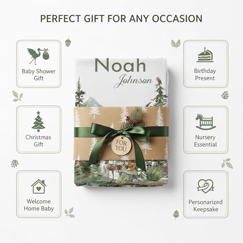 Image of Personalized Woodland Baby Blanket with Name, Custom Name Blanket for Boy, Printed in USA, Super Soft Blankets for Newborn, Customized Gifts for Baby Shower Birthday Christmas