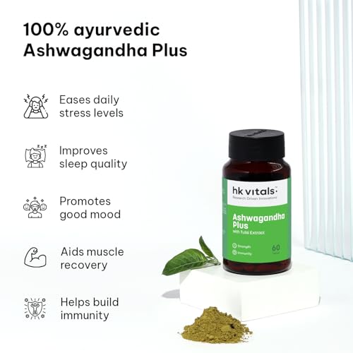Image of hk vitals Fish Oil Capsules For Men And Women (1000mg Omega 3 with 180 mg EPA & 120 mg DHA) & Ashwagandha Plus with Tulsi Extract 500mg (60 Tablets Each), Combo Pack