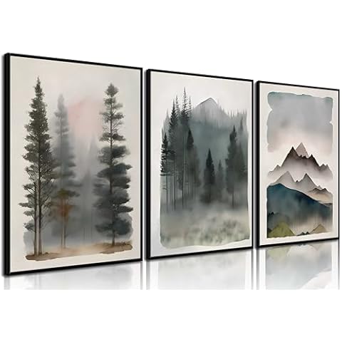 3Pcs Mountain Forest Wall Art Watercolor Landscape Canvas Posters Prints Natural Abstract Tree Forest Modern Wall Decor Pictures for Living Room Bedroom Decoration, Unframed Cover