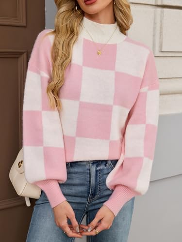 Womens Oversized Cute Checkered Sweater Fall 2025 Trendy Preppy Chunky Knit Mock Neck Long Sleeve Pullover Sweaters2