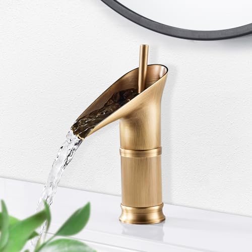 ROWINNAO Wasserfall Wasserhahn Bad Antik Messing, Kurz Waschtischarmatur...