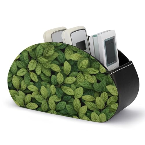 Jubonexis Green Leaves - Soporte para control remoto con 5 compartimentos de cuero para TV, organizador de escritorio